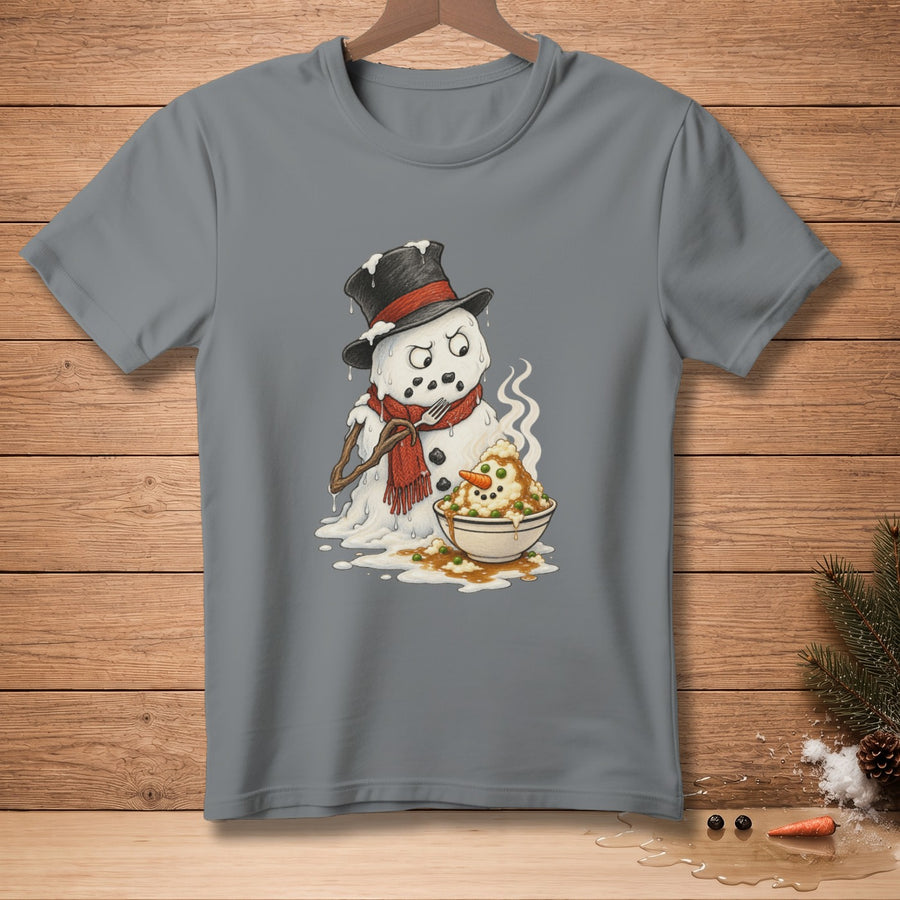 Melting snowman with a fork eating mashed potatoes in a bowl.