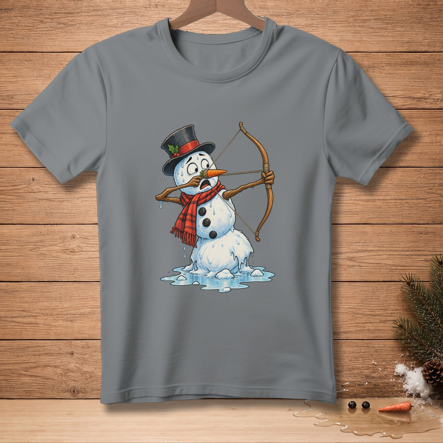 Melting snowman with carrot nose aiming a bow and arrow.