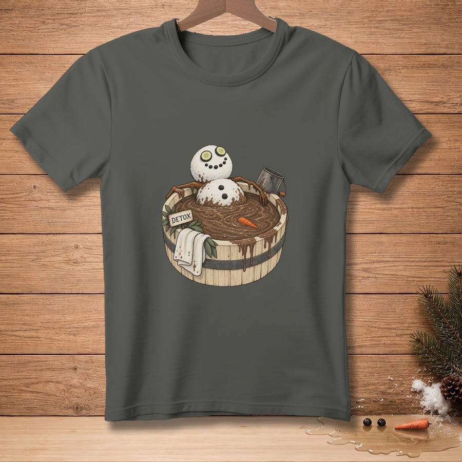 Cartoon snowman with cucumber eyes in a mud bath with a "DETOX" sign and carrot.