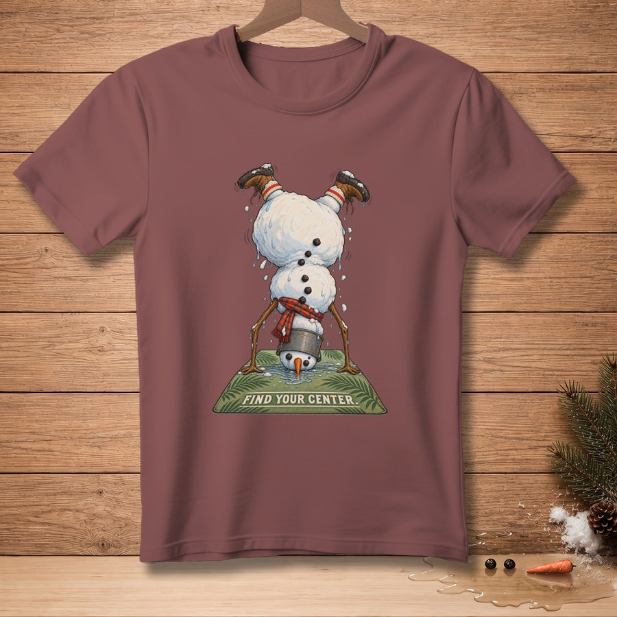 Melted snowman doing a handstand on a mat with text "FIND YOUR CENTER".