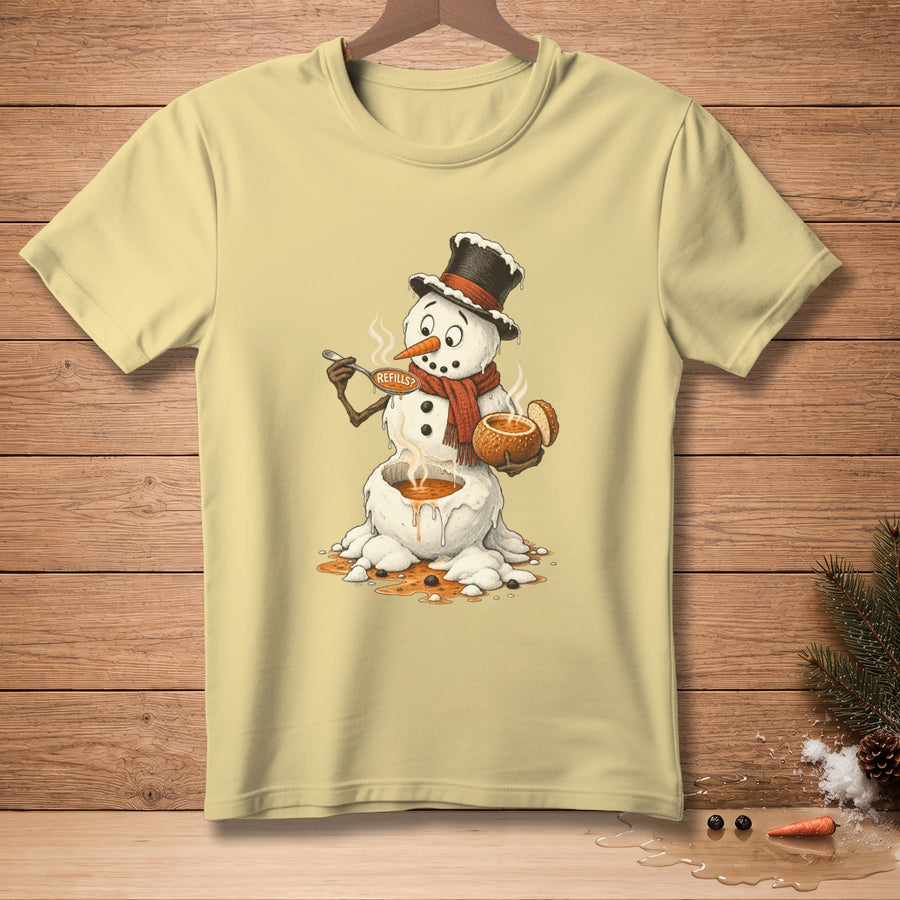 Yellow t-shirt with illustration of melting snowman holding a spoon and bowl of soup.