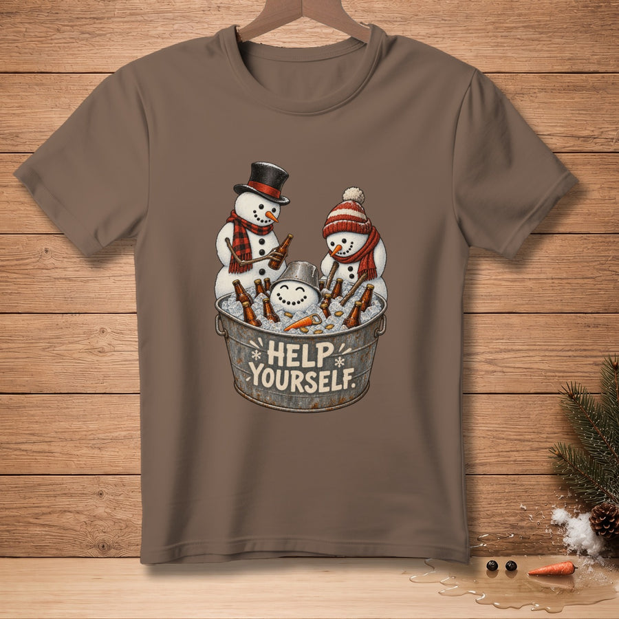 Three snowmen in a tub of ice and beer with text "Help Yourself".