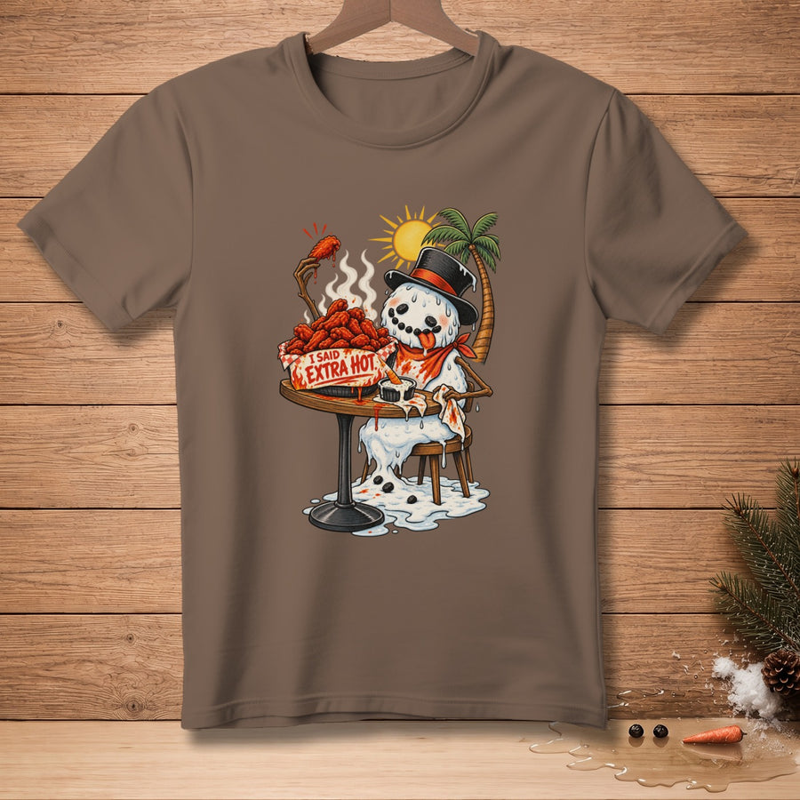 Melting snowman in a top hat eats spicy chicken wings with a tropical background.