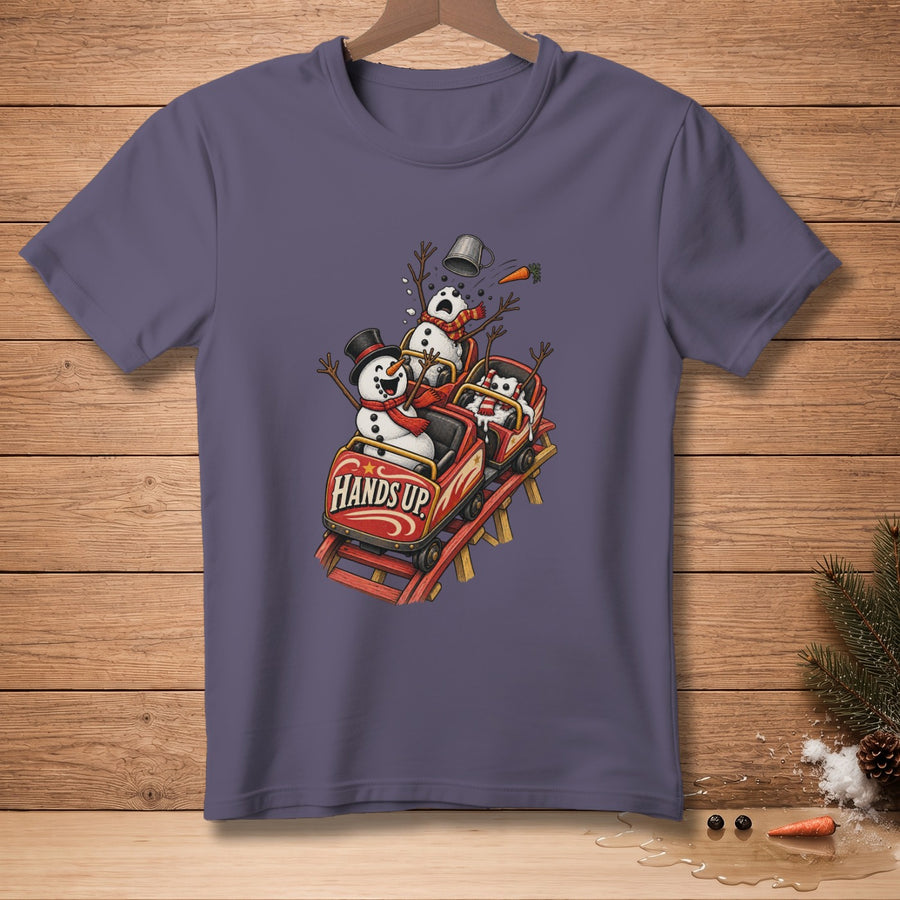 Snowmen on a rollercoaster with "Hands Up" on the car.