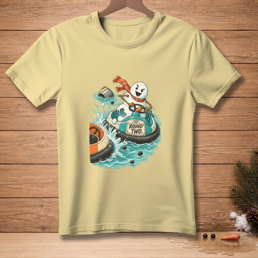 Snowman in bumper car with "Round Two" text on a light yellow t-shirt.