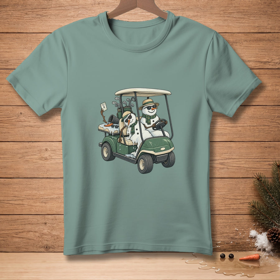 Snowmen in a golf cart with a "Hole 2" card.