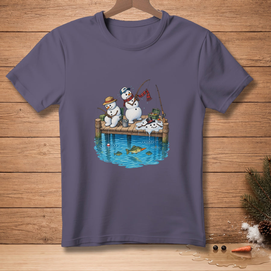 Two snowmen fishing on a wooden dock with a fish jumping from the water.