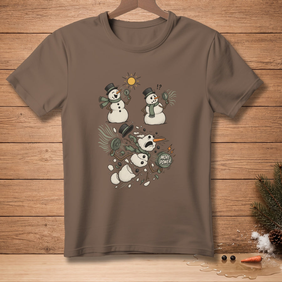 Brown t-shirt with cartoon of snowmen melting with text "MORE POWER."