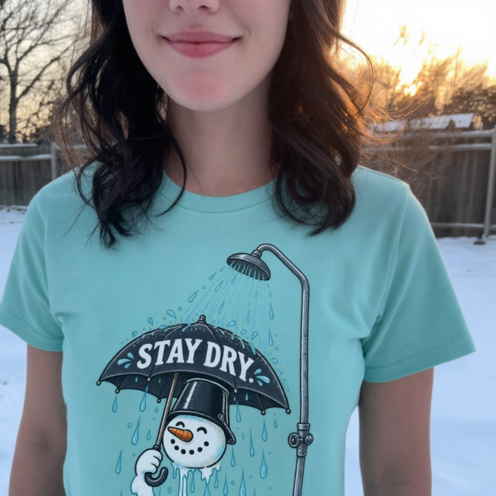 lifestyle scene ~ Stay Dry: Umbrella Under The Shower ~ Comfort Colors Premium T-Shirt ~ Snowman Dayz