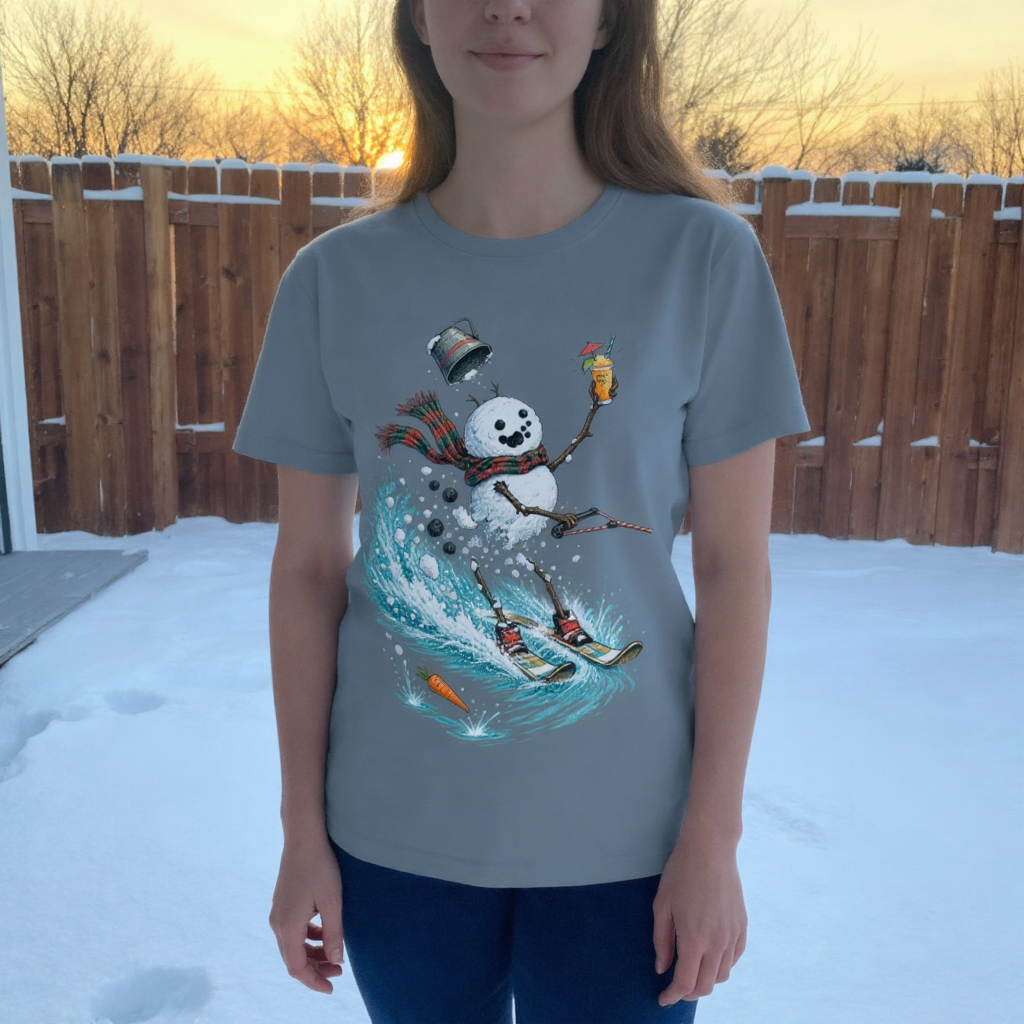 lifestyle scene ~ Midsummer Meltdown: Water Skiing With A Drink ~ Comfort Colors Premium T-Shirt ~ Snowman Dayz