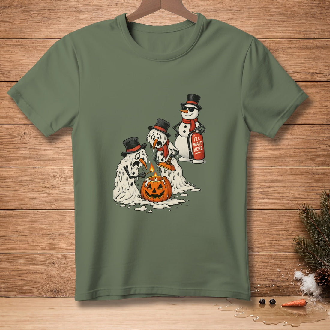 Melting snowmen with hats and scarfs stand around a lit jack-o'-lantern.