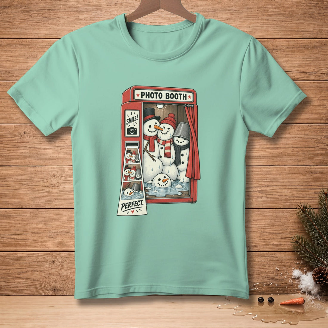 Snowmen in a photo booth with photos and the word "PERFECT" below.