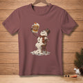 Melting snowman with a beer mug labeled "Stay Frosty" sits on a chair.