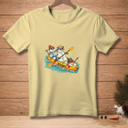 Three snowmen in a yellow kayak with "ROOMY" text, wearing hats and sunglasses.