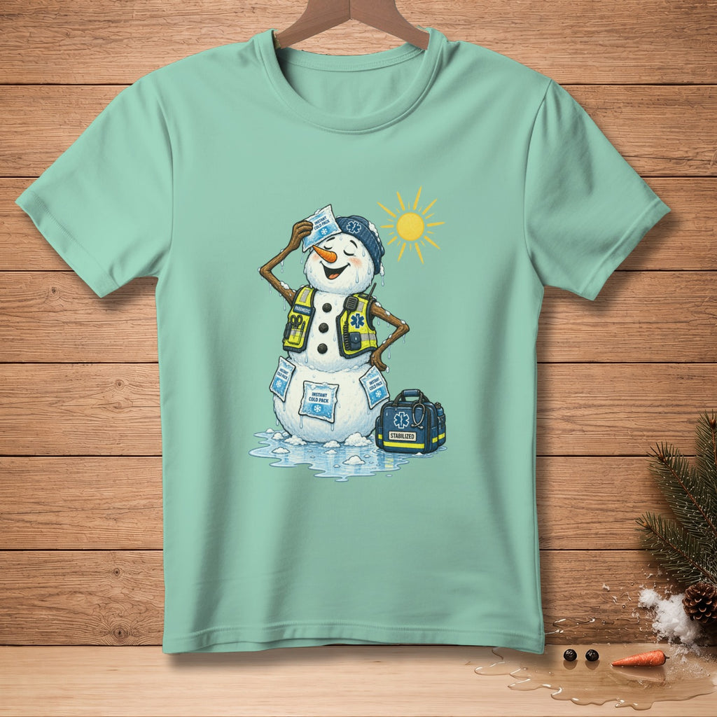 Melting snowman paramedic with cold packs and EMT bag under a hot sun.