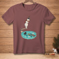 Snowman with bucket hat on diving board over a puddle with carrot and scarf.
