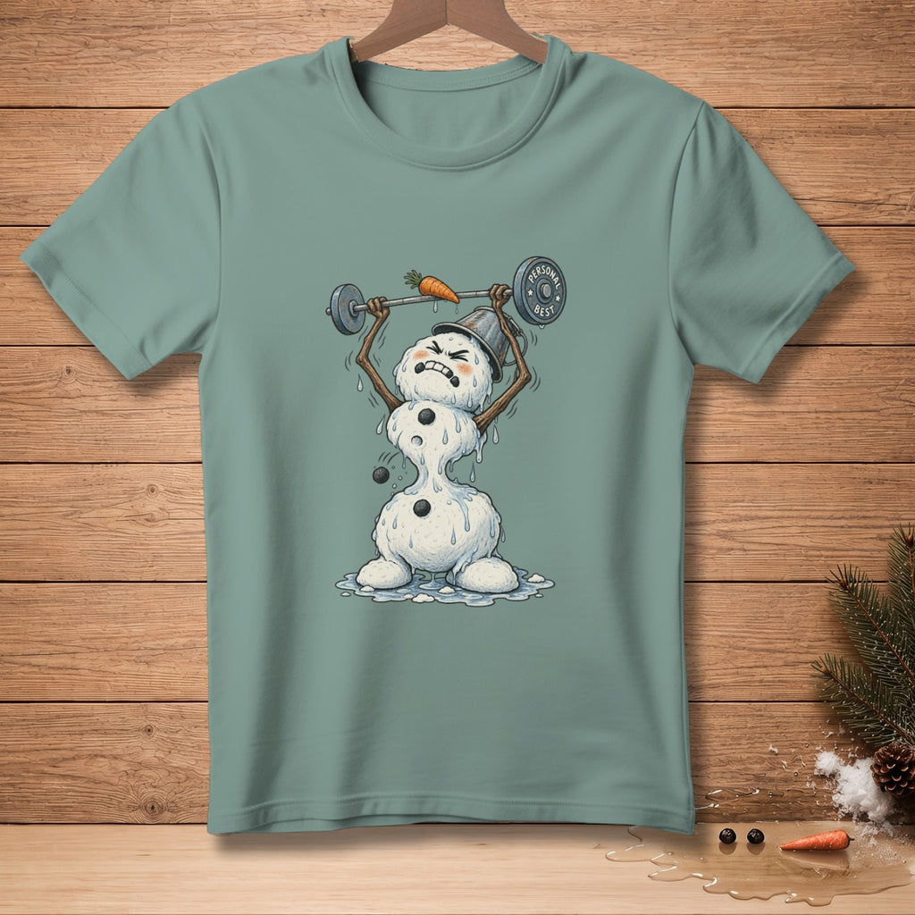 Melting snowman lifting barbell with carrot and "Personal Best" weight.