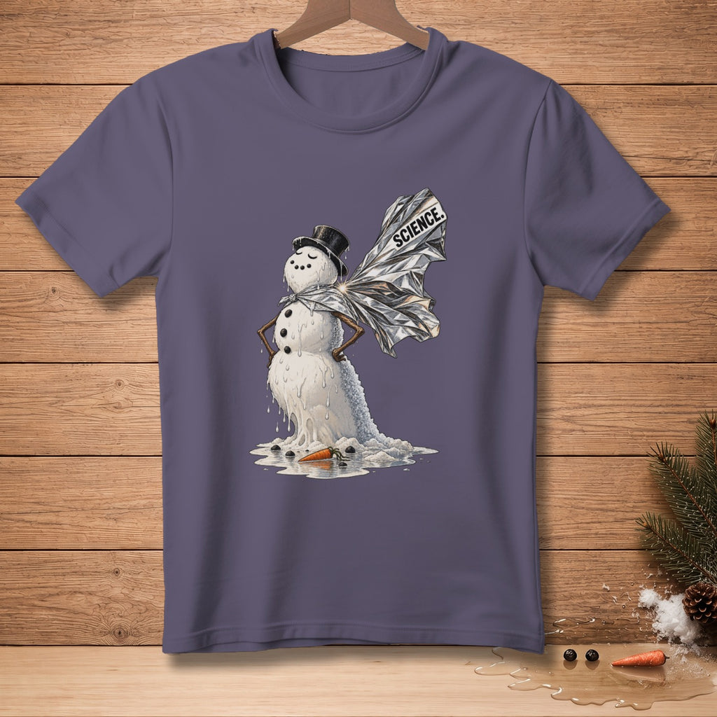 Melting snowman with a carrot nose and "SCIENCE." cape on a purple t-shirt.