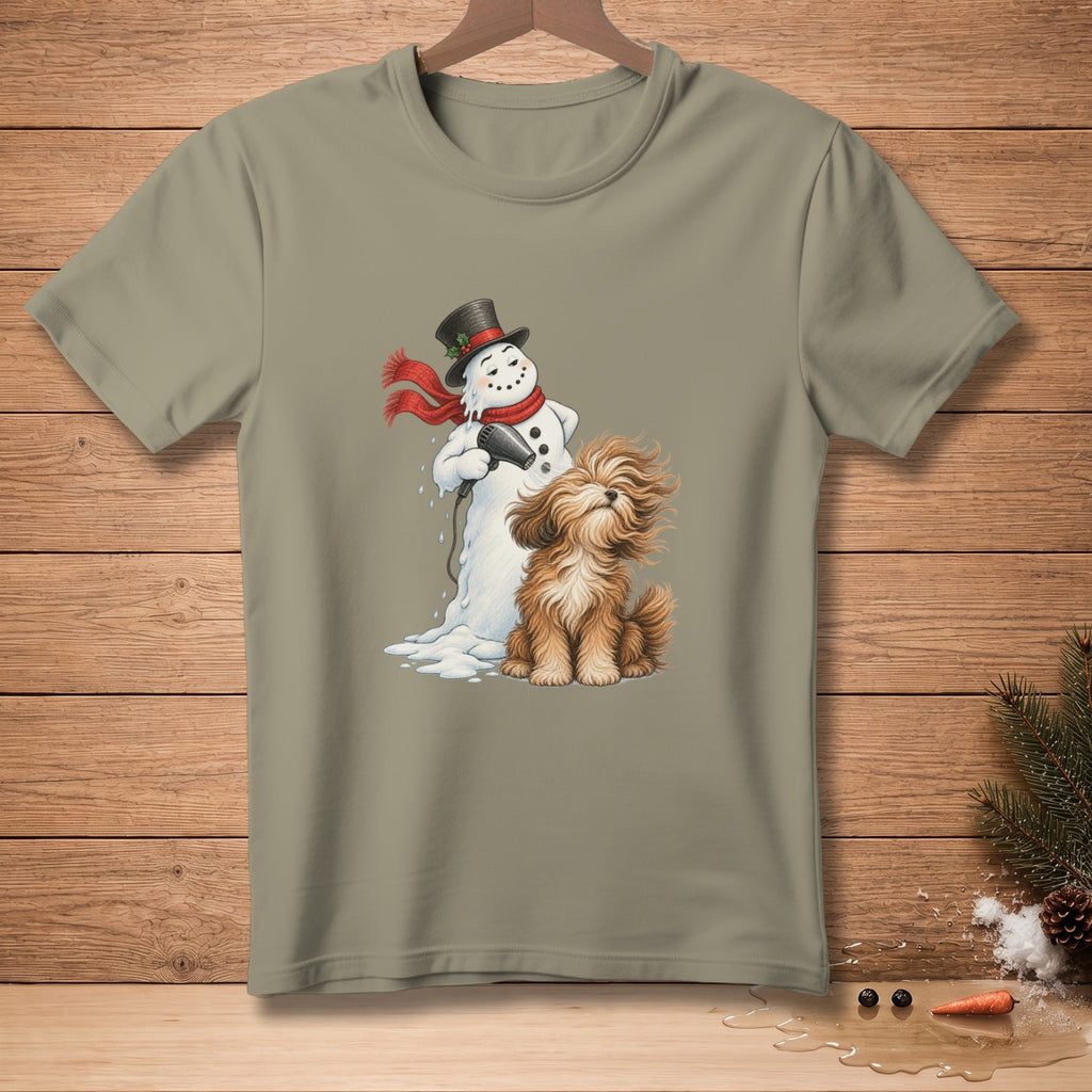 Snowman in top hat and scarf blow-drying a shaggy dog's fur.