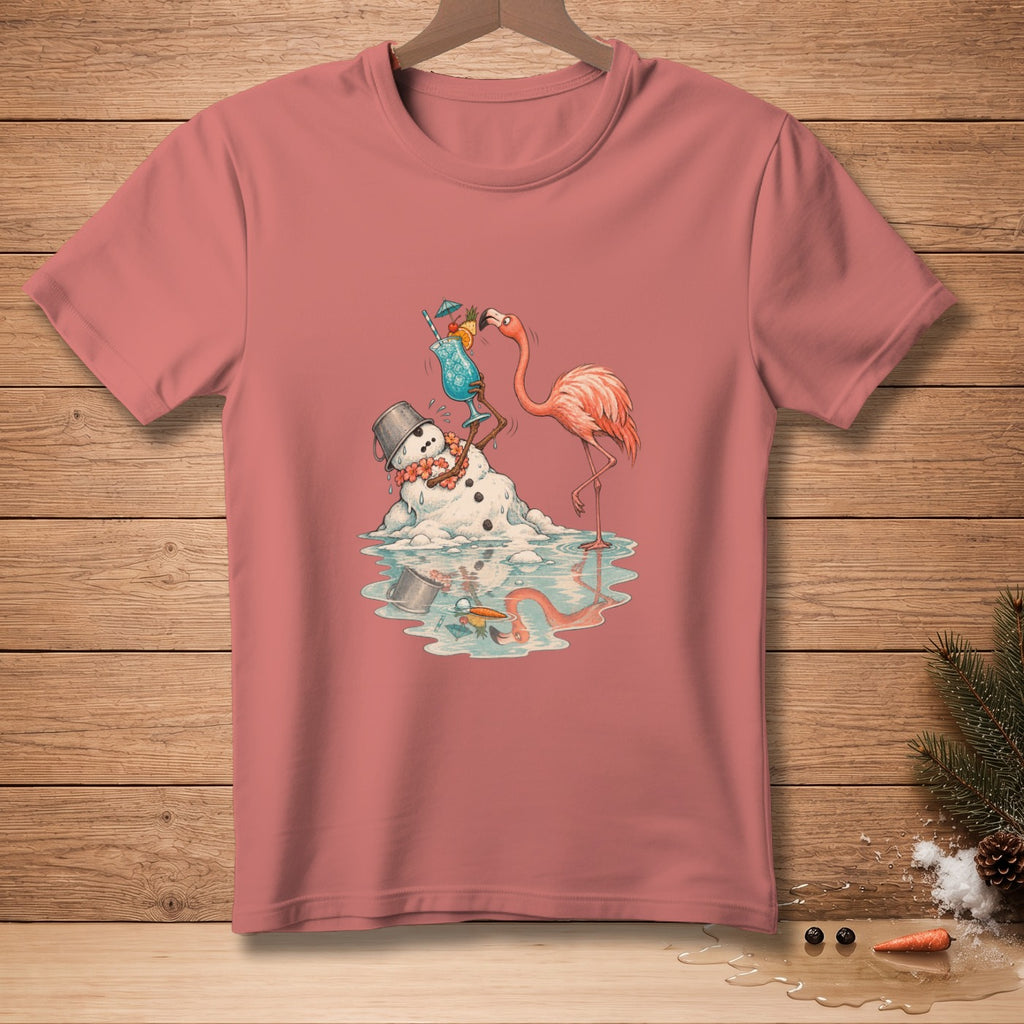 Melting snowman with a flamingo holding a tropical drink.