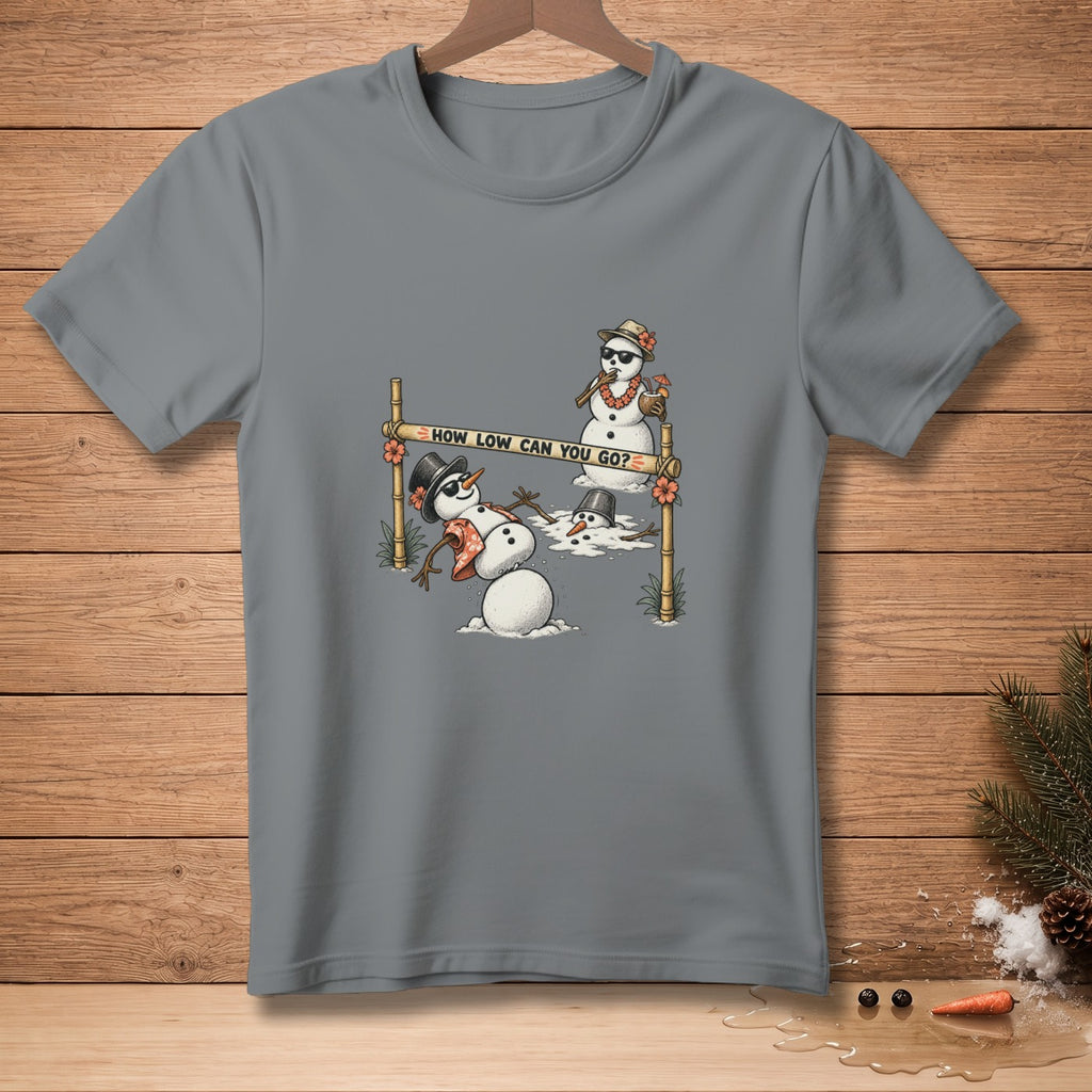 Gray t-shirt with illustration of snowmen doing limbo under a bamboo bar that reads "How Low Can You Go?".