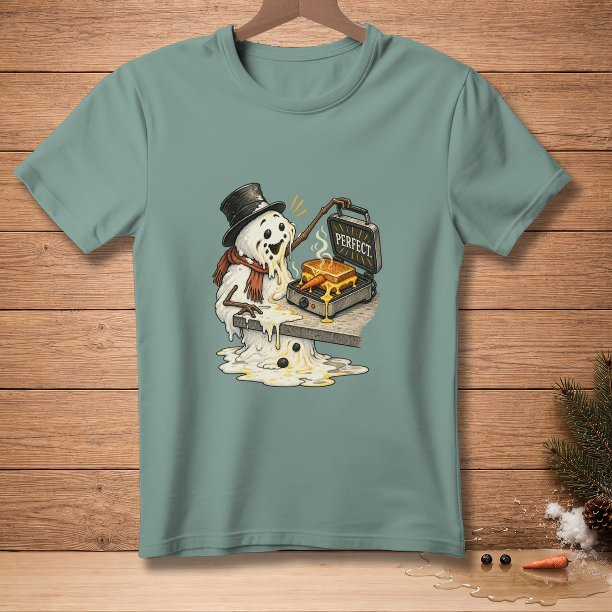 Melting snowman making a sandwich in a waffle maker with the word "PERFECT".