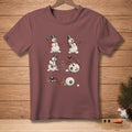 T-shirt graphic with four panels of snowmen playing snowball fight.