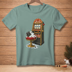 Cartoon of a melting snowman sitting on a stool in front of a slot machine.