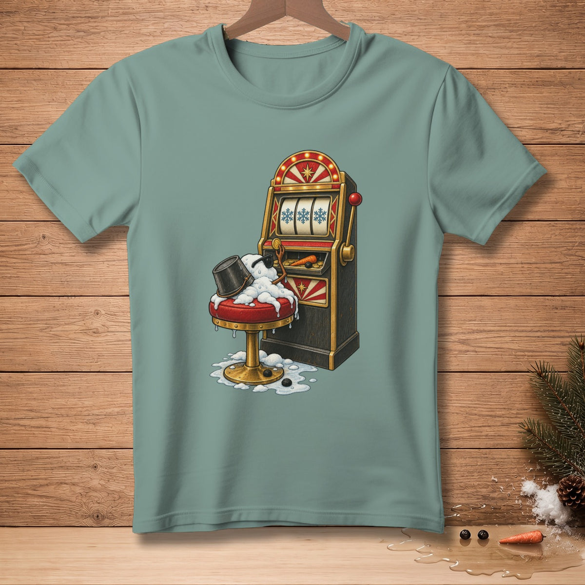 Cartoon of a melting snowman sitting on a stool in front of a slot machine.
