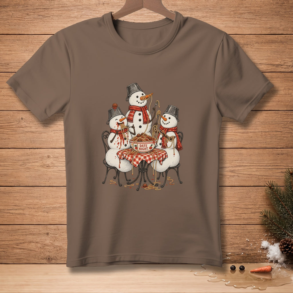 Three snowmen wear scarves and hats, eating spaghetti at a table with a "Date Night" bowl.
