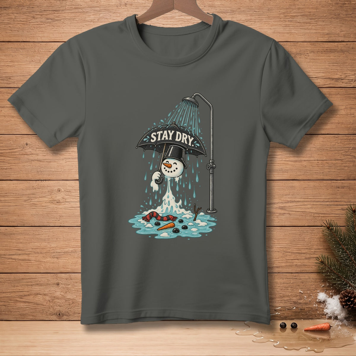 Melting snowman under a shower holding an umbrella with "STAY DRY" text.