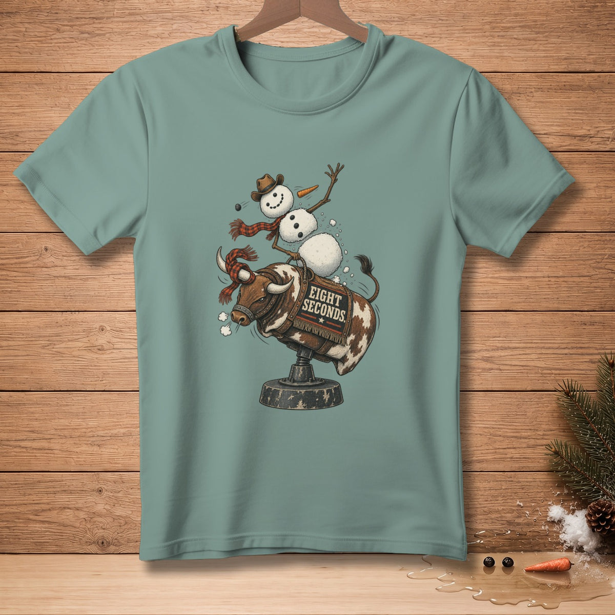 Snowman wearing cowboy hat riding a bucking bull with "EIGHT SECONDS" text.