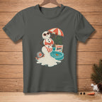 Melting snowman in a bikini with sunglasses by a pool, holding an umbrella.