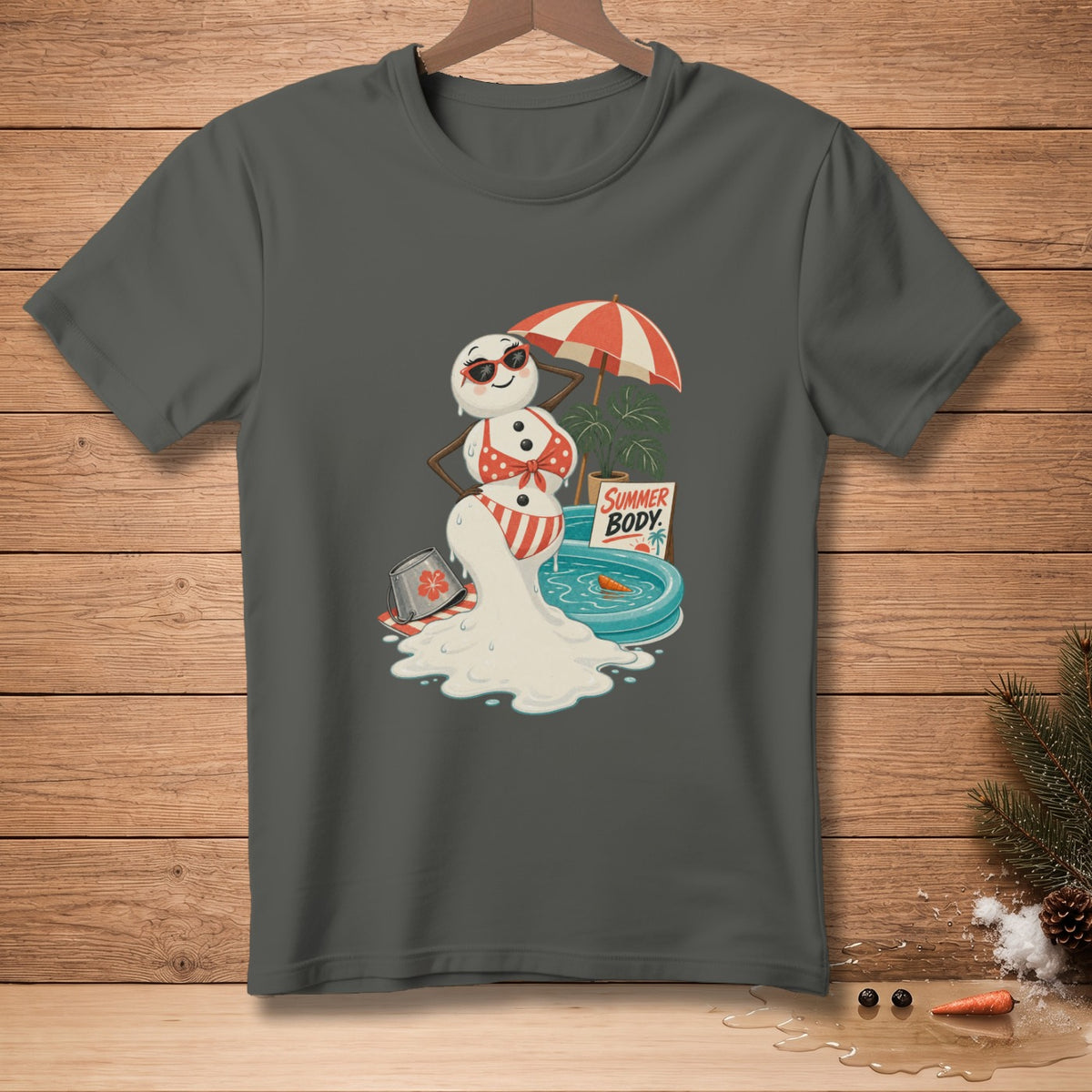Melting snowman in a bikini with sunglasses by a pool, holding an umbrella.