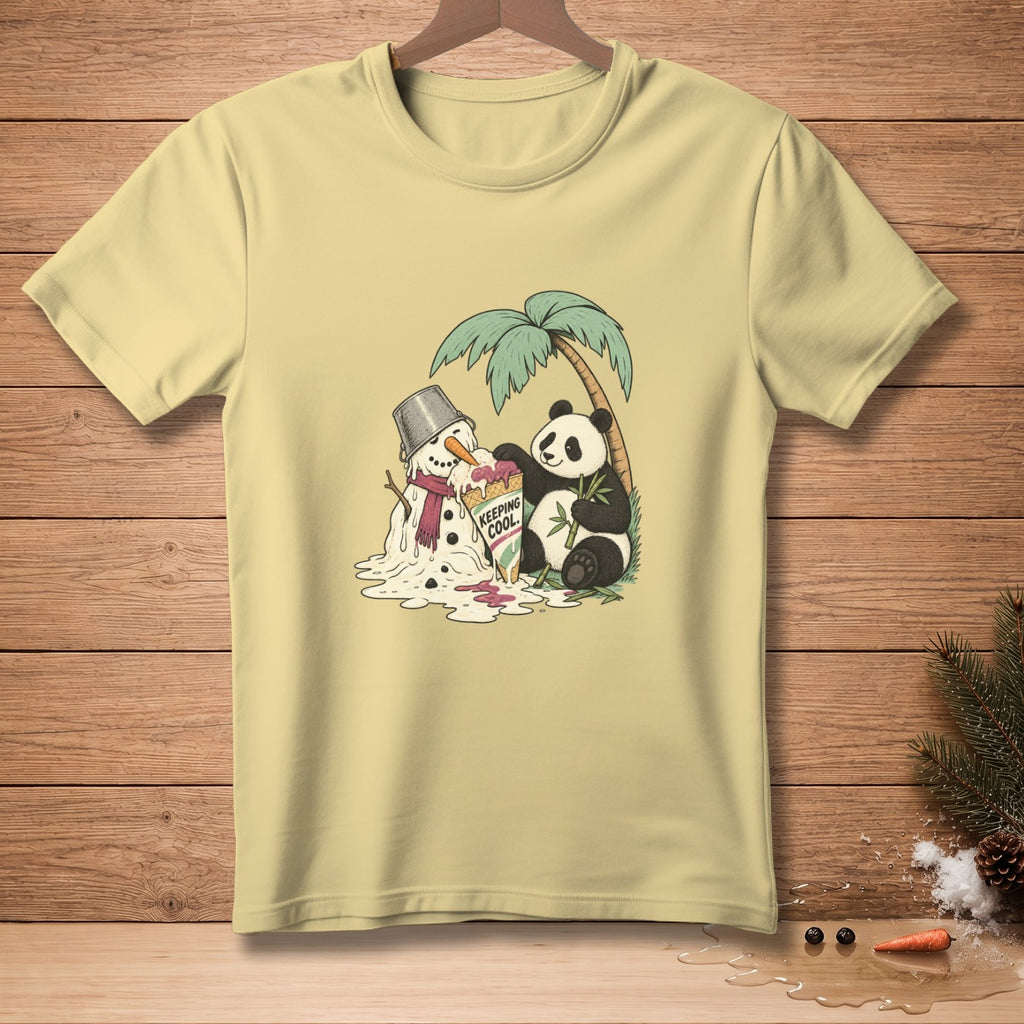 Panda and melting snowman eating ice cream under a palm tree, text "Keeping Cool."