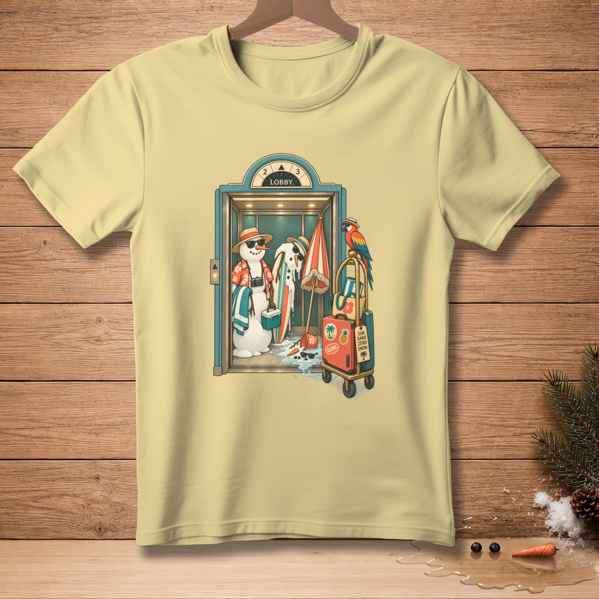 Snowmen in swimsuits and hats with surfboards, beach umbrellas, and luggage in an elevator.