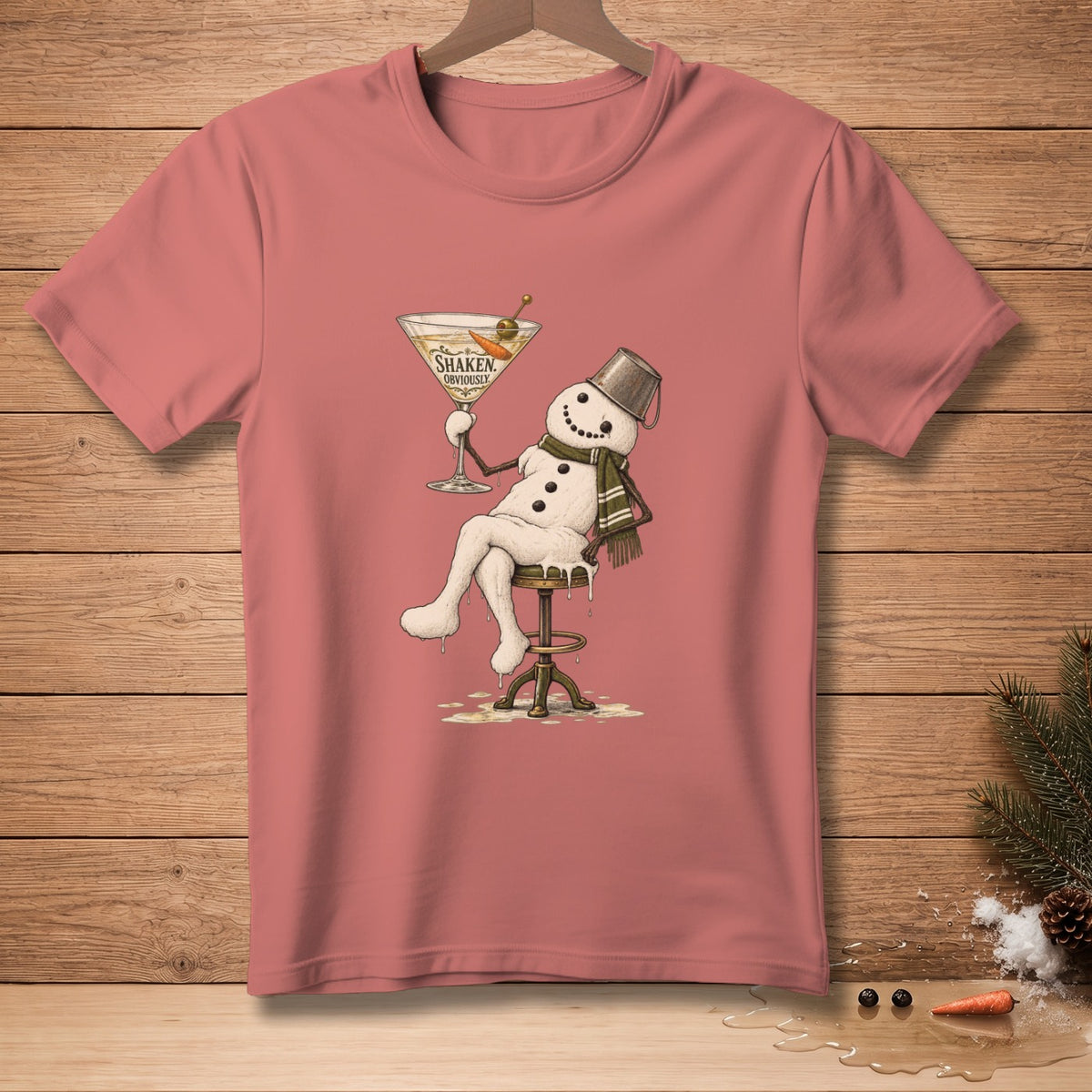 T-shirt with a melting snowman holding a martini glass with text "Shaken, Obviously".
