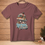 Cartoon of snowmen driving a car packed with luggage and a surfboard.