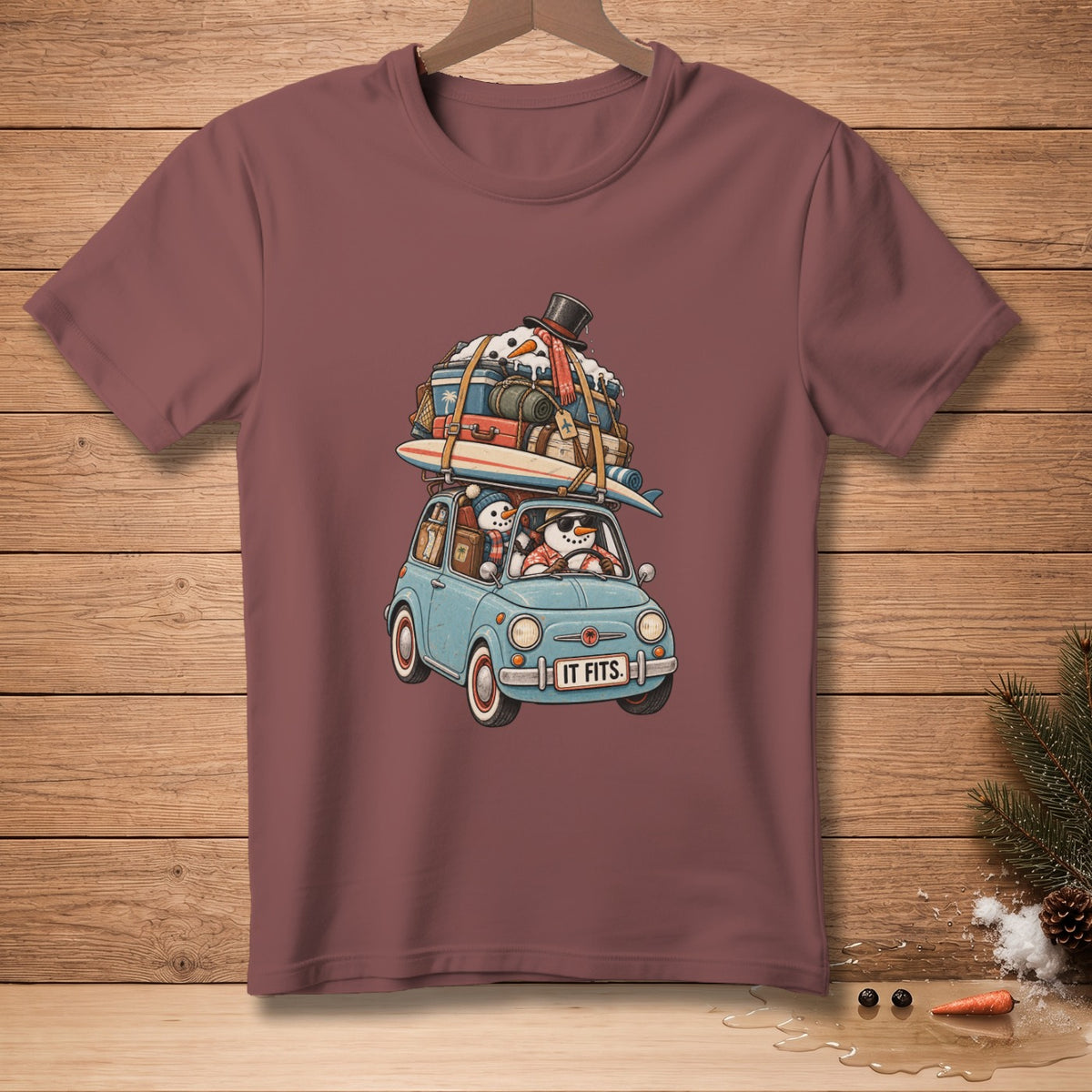 Cartoon of snowmen driving a car packed with luggage and a surfboard.