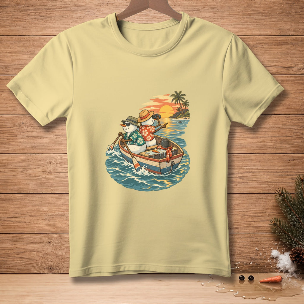 Two snowmen in a boat rowing towards a tropical island at sunset.