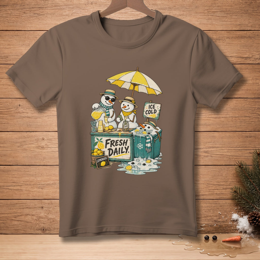 Two snowmen sell lemonade under a yellow umbrella, with "Fresh Daily" and "Ice Cold" signs.