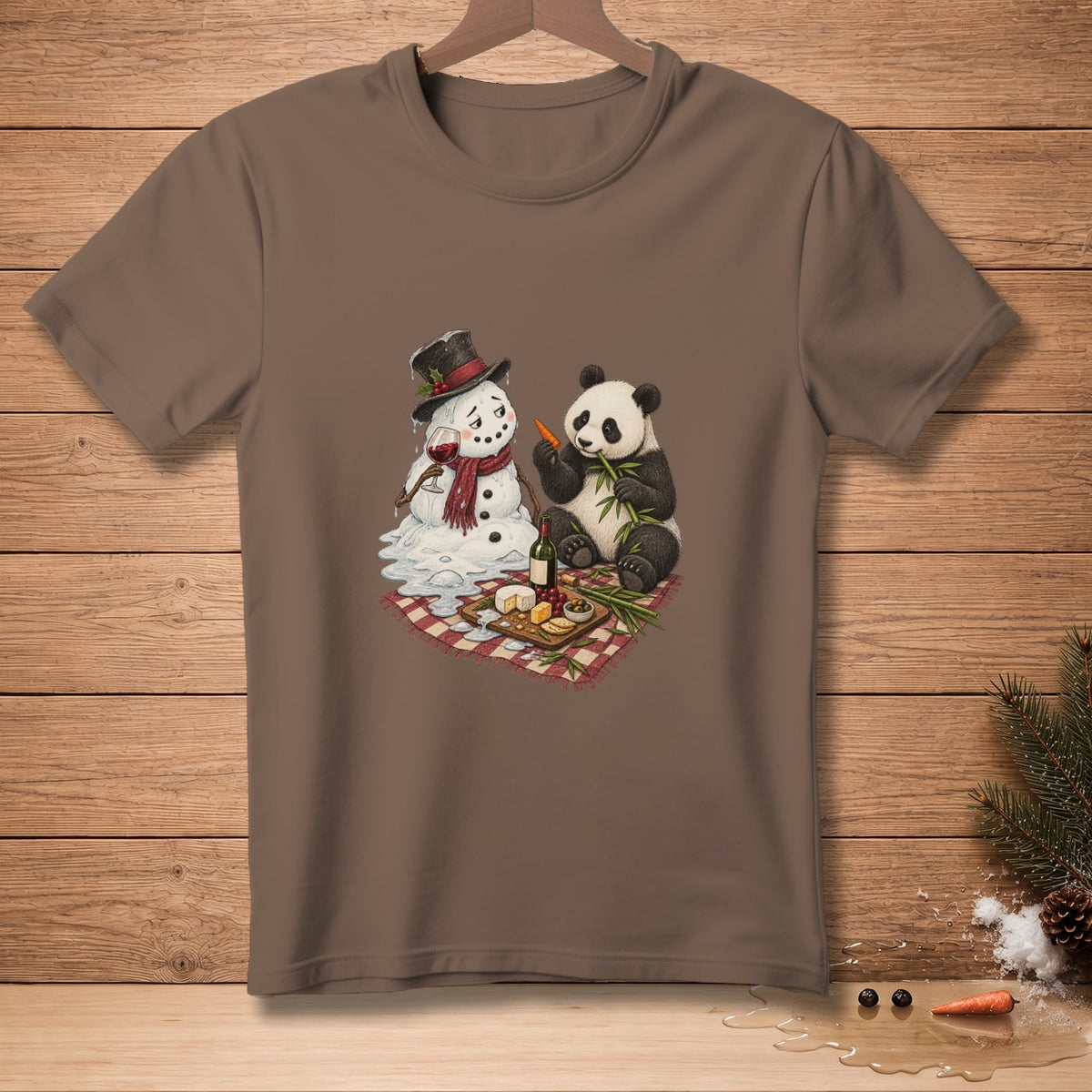 Melting snowman in top hat and panda having a picnic on red checkered blanket.