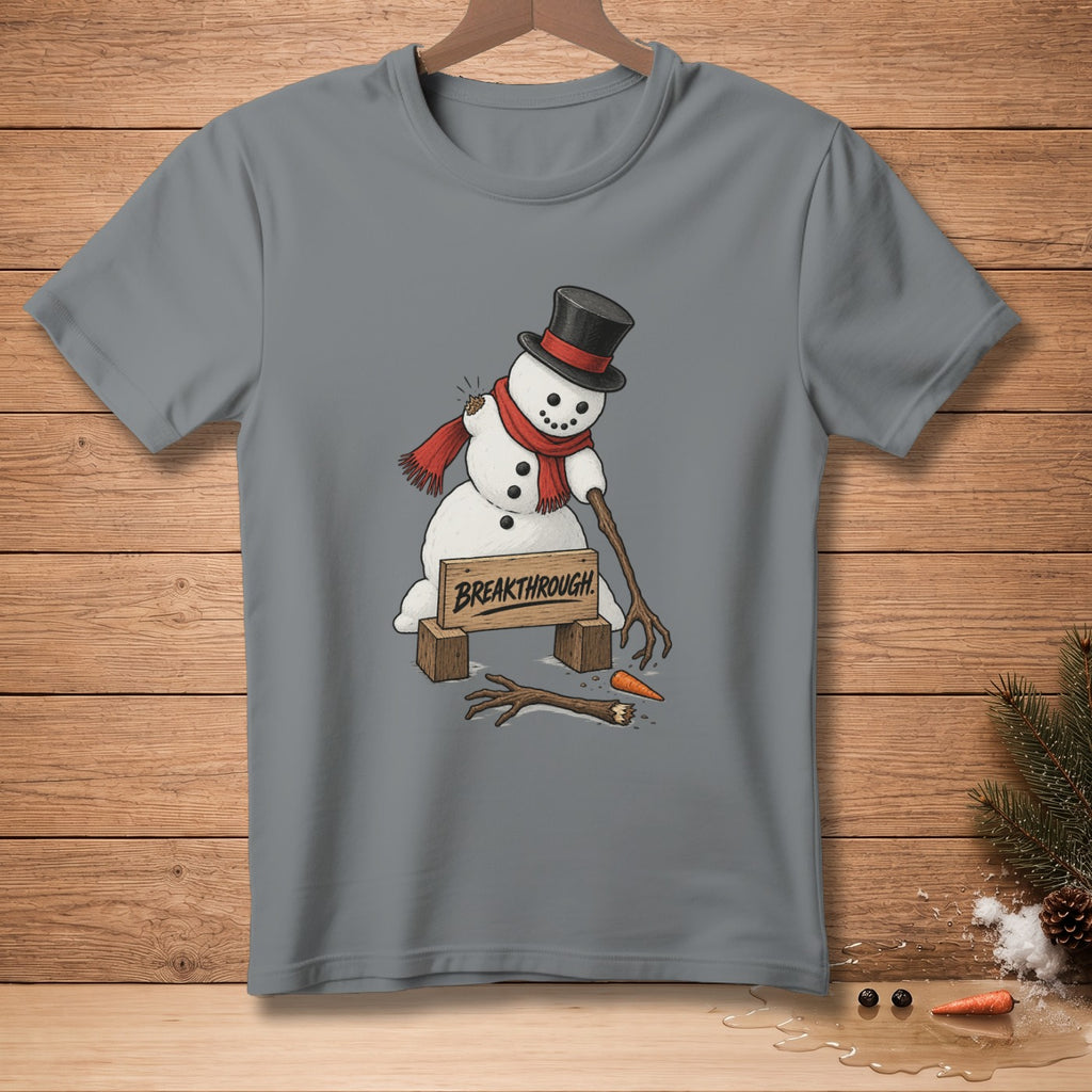 Snowman with top hat and scarf breaking through a wooden sign that says BREAKTHROUGH.
