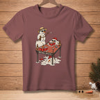 Snowmen play beer pong with red cups and melting snowmen on a table.