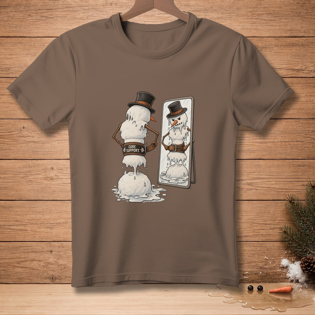 Melting snowman with "CORE SUPPORT" belt looks in mirror at grumpy reflection.