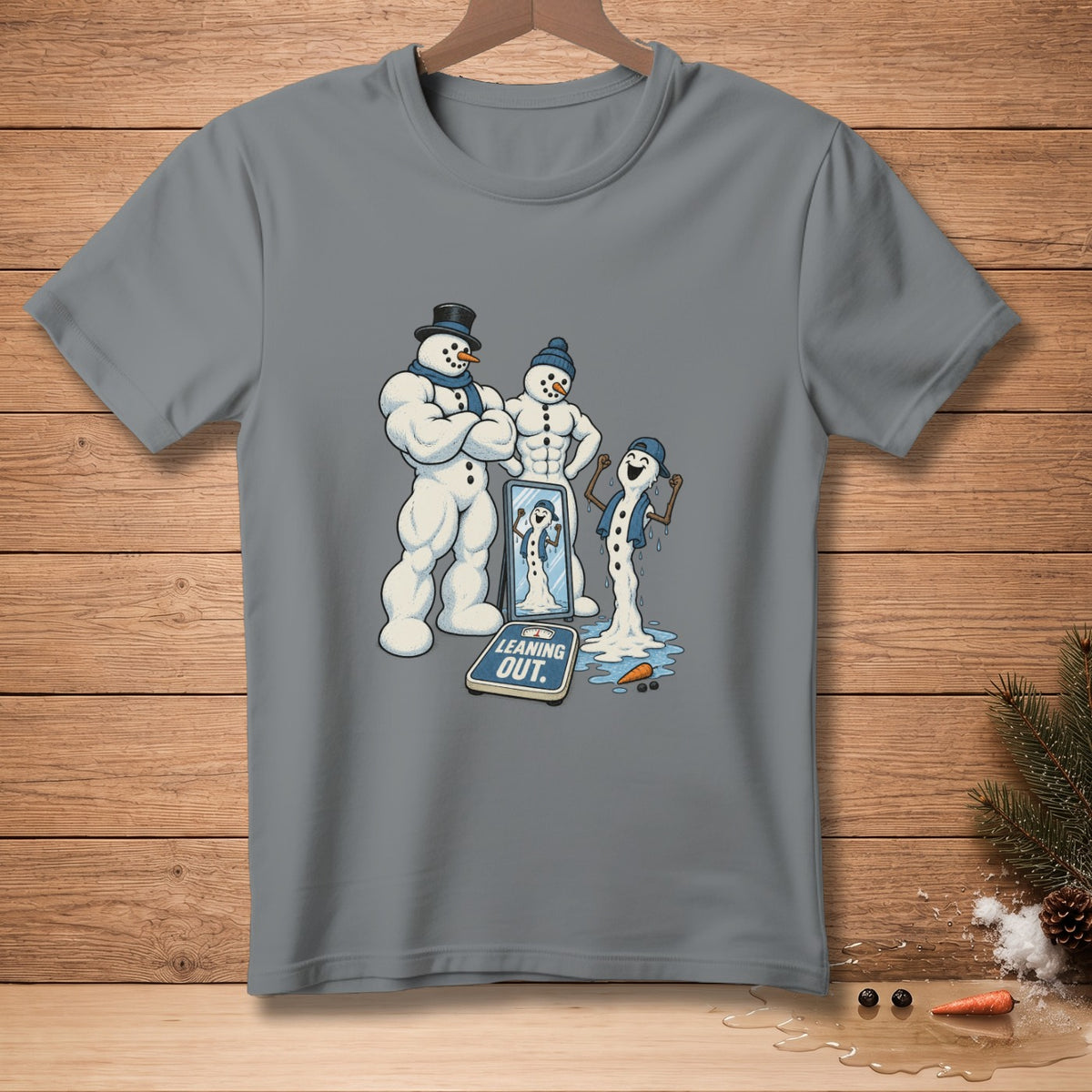 Three muscular snowmen, one melting, with a scale that reads "Leaning Out."