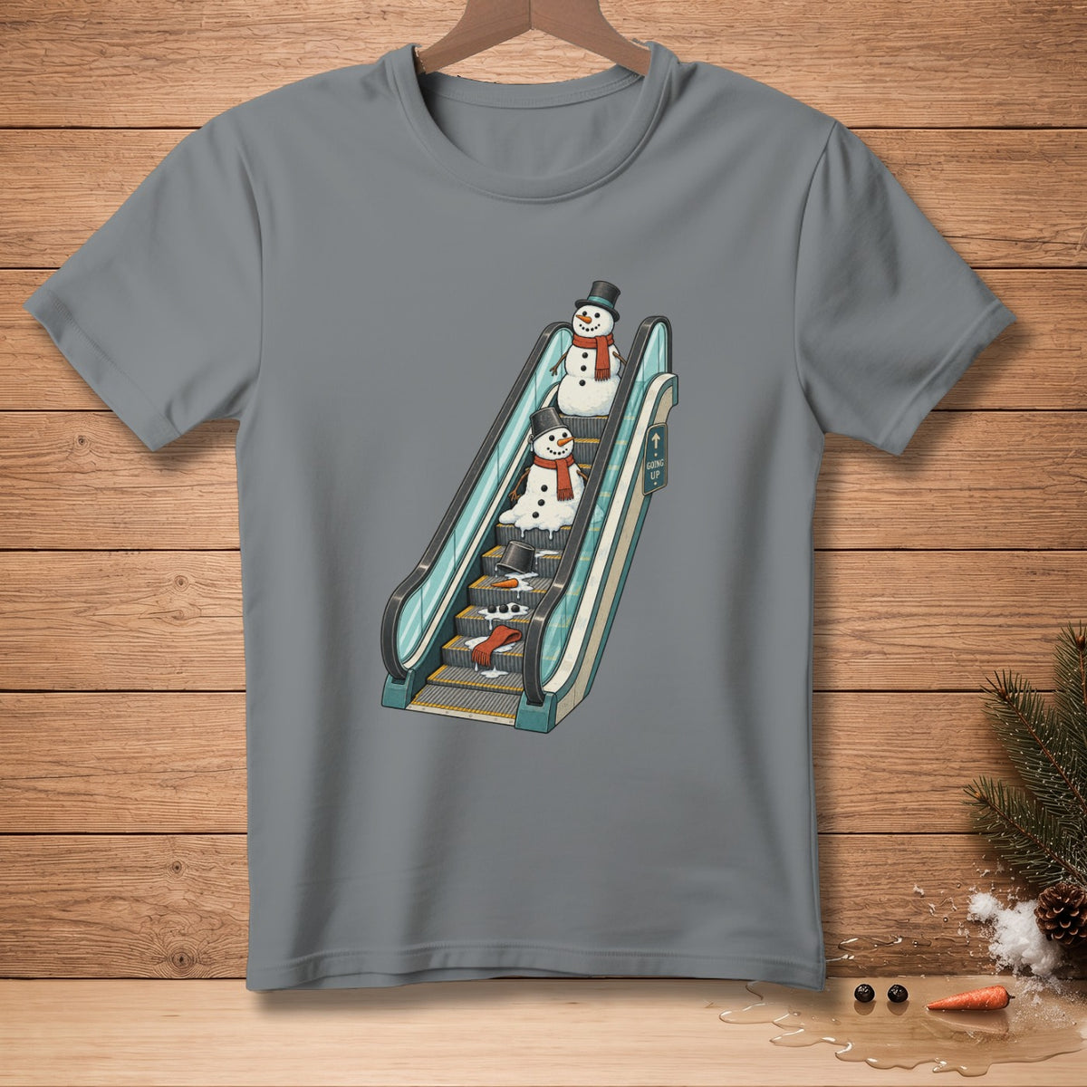 Two melting snowmen ride an escalator, leaving puddles and accessories behind.