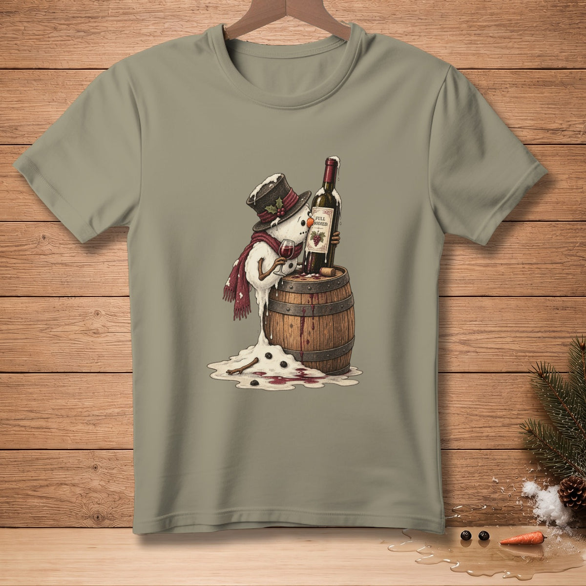 Snowman in top hat and scarf drinks wine from a barrel, melting.