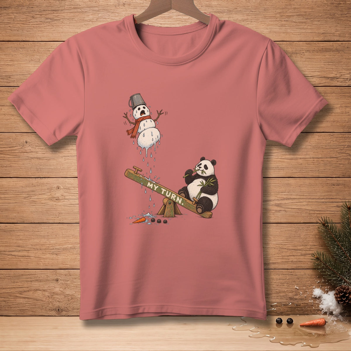 Panda on seesaw with melting snowman graphic and "My Turn." text.
