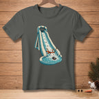 Snowman sliding down a water slide into a pool splashing water.